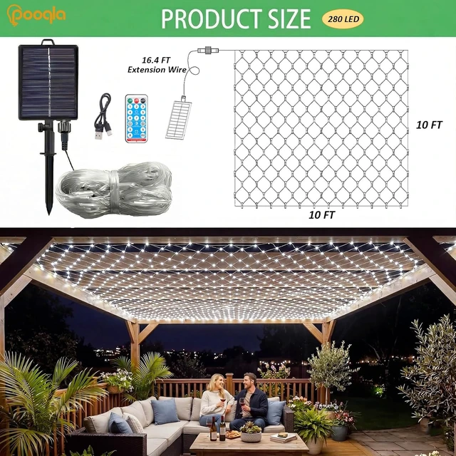 Alt view image 4 of 7 - Pooqla Solar Net Lights, 10x10ft 280LED Gazebo Net Lights Outdoor with 8 Modes, Solar & USB Powered Waterproof String Lights Clear Wire, Chandelier for Pergolas, Patio, Bush, Backyard Decor Cool White