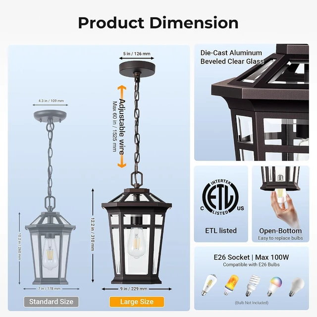 Alt view image 5 of 7 - VIANIS Large Outdoor Pendant Light, Oil Rubbed Bronze Outside Hanging Light