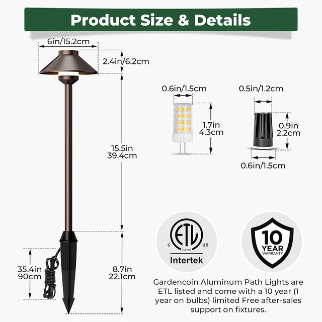 Alt view image 5 of 7 - Gardencoin Low Voltage Landscape Pathway Lighting 6-Pack, Outdoor Wired Aluminum Path Lights with G4 4W 2700K Bulb Replaceable,12V Waterproof Walkway Lights with Connectors, Oil Rubbed Bronze