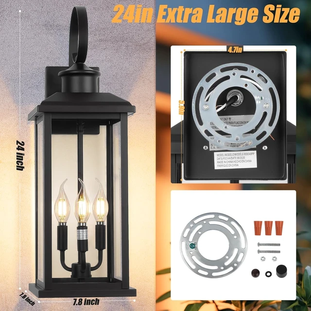 Alt view image 3 of 7 - 24" Extra Large Outdoor Wall Light Black 3-Light Modern Lamp 2Pack