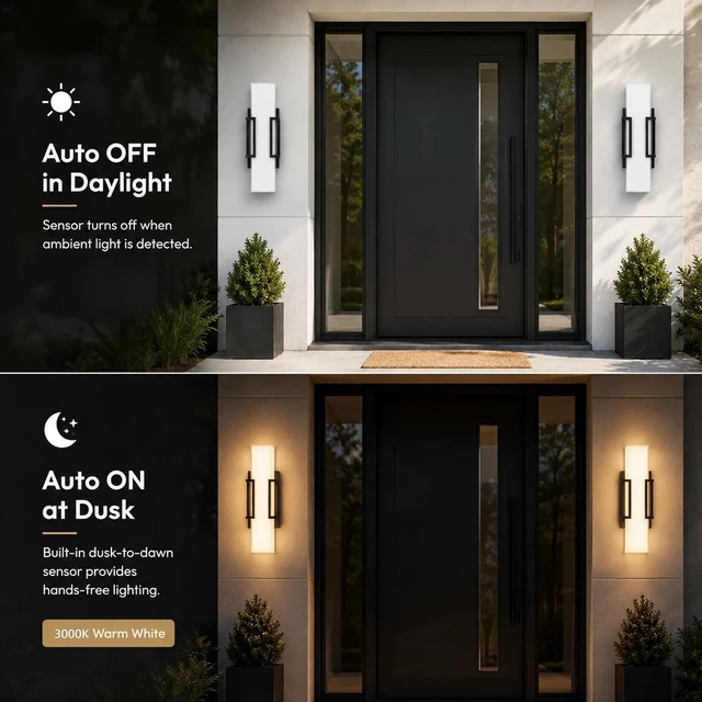 Alt view image 5 of 7 - Hyunbae Modern Dusk to Dawn Outdoor Wall Lights, 16" Black LED Porch Light