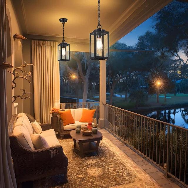 Alt view image 2 of 7 - 11'' Dusk to Dawn Outdoor Pendant Light, Outside Chandelier Lantern, Black