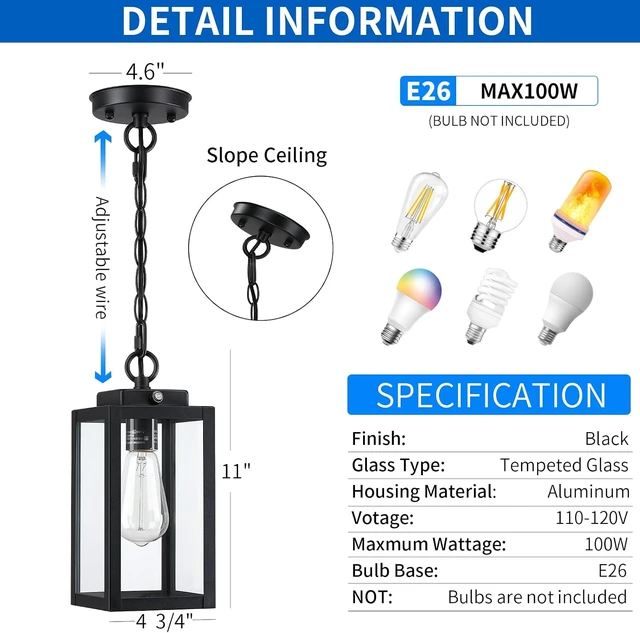 Alt view image 6 of 7 - 11'' Dusk to Dawn Outdoor Pendant Light, Outside Chandelier Lantern, Black