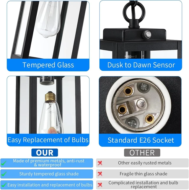 Alt view image 7 of 7 - 11'' Dusk to Dawn Outdoor Pendant Light, Outside Chandelier Lantern, Black
