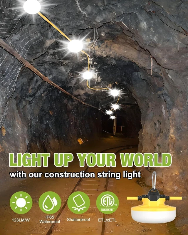 Alt view image 2 of 7 - YXL 130W 16000LM Construction String Lights Temp Lighting 100FT Industrial LED Work String Lights, IP65 Waterproof, Super Bright for Construction Sites Temporary Work Jobsites Outdoor Lighting