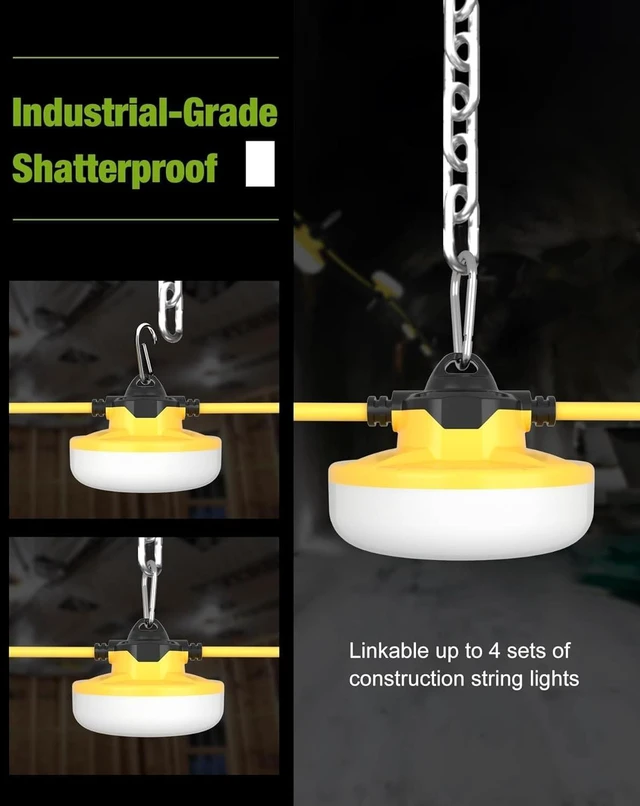 Alt view image 7 of 7 - YXL 130W 16000LM Construction String Lights Temp Lighting 100FT Industrial LED Work String Lights, IP65 Waterproof, Super Bright for Construction Sites Temporary Work Jobsites Outdoor Lighting