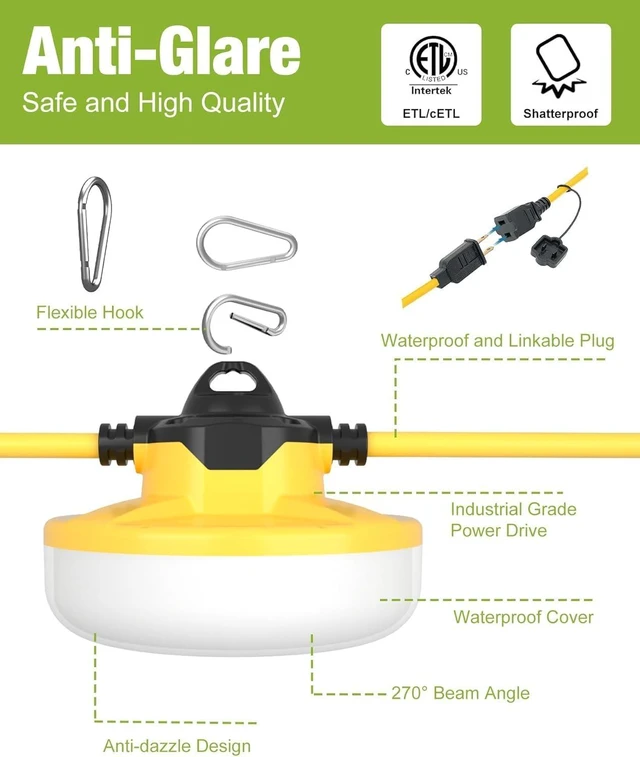 Alt view image 6 of 7 - YXL 130W 16000LM Construction String Lights Temp Lighting 100FT Industrial LED Work String Lights, IP65 Waterproof, Super Bright for Construction Sites Temporary Work Jobsites Outdoor Lighting