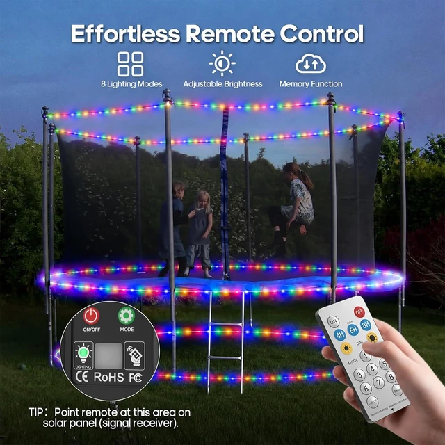 Alt view image 4 of 7 - ICRGB Trampoline Lights, 66FT 200LED 1800mAh Solar Rope Lights Outdoor, IP67 Waterproof, Solar Power Outdoor Light, 8 Modes & Timer Function, Decorative for Trampoline Camping Tent Patio Porch Garden