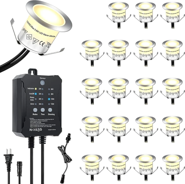 Main image of Dimmable LED Deck Lights with Timer and Photocell Sensor, 20 Pack 32mm Recessed Deck Lights Kit, IP67 Waterproof Outdoor Low Voltage Deck Lighting for Step, Stair, Garden, Yard, Patio, Floor