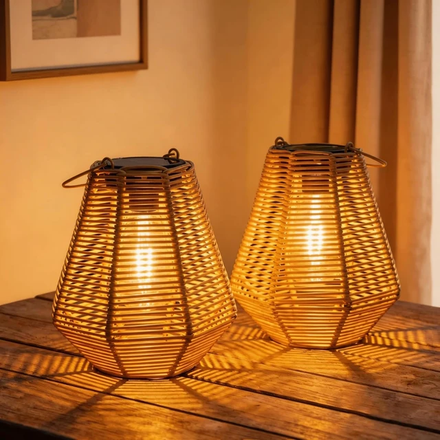 Alt view image 2 of 7 - Solar Lanterns, 2 Pack Rattan Hanging Lights Outdoor Waterproof for Patio