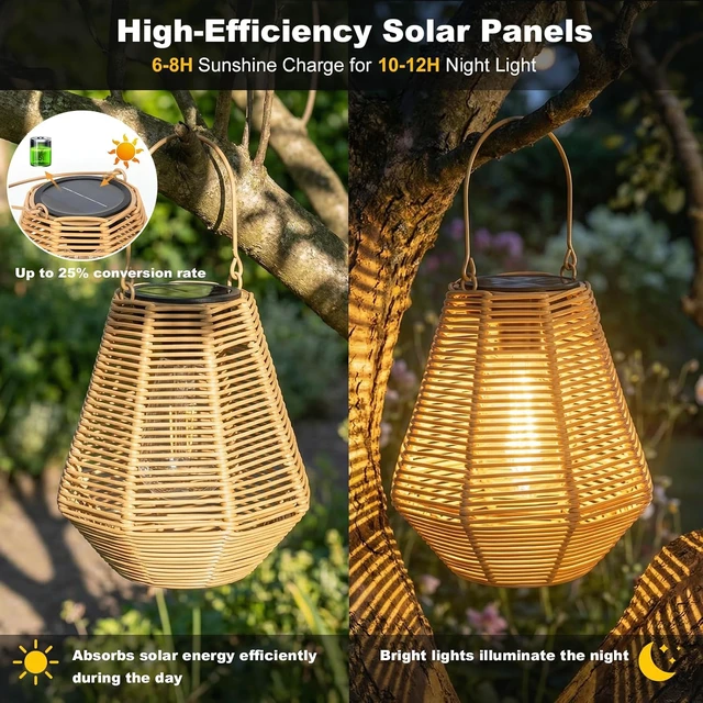 Alt view image 3 of 7 - Solar Lanterns, 2 Pack Rattan Hanging Lights Outdoor Waterproof for Patio