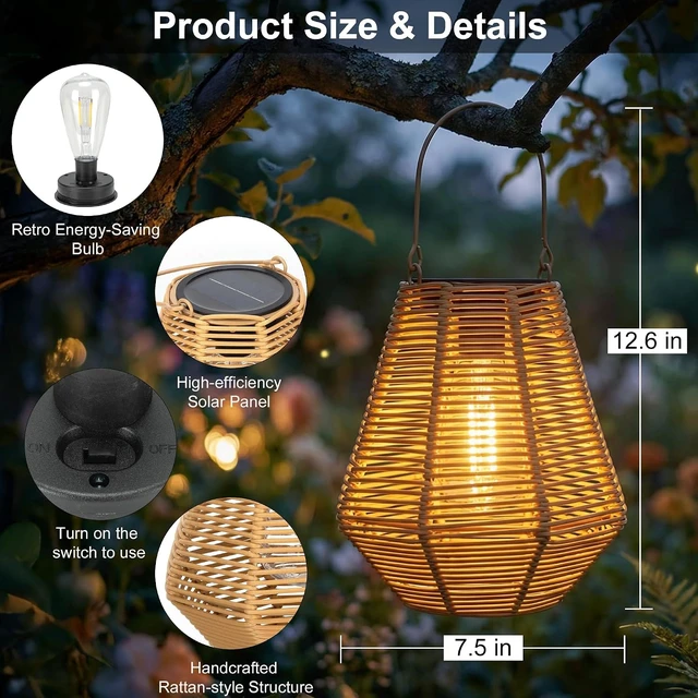 Alt view image 4 of 7 - Solar Lanterns, 2 Pack Rattan Hanging Lights Outdoor Waterproof for Patio