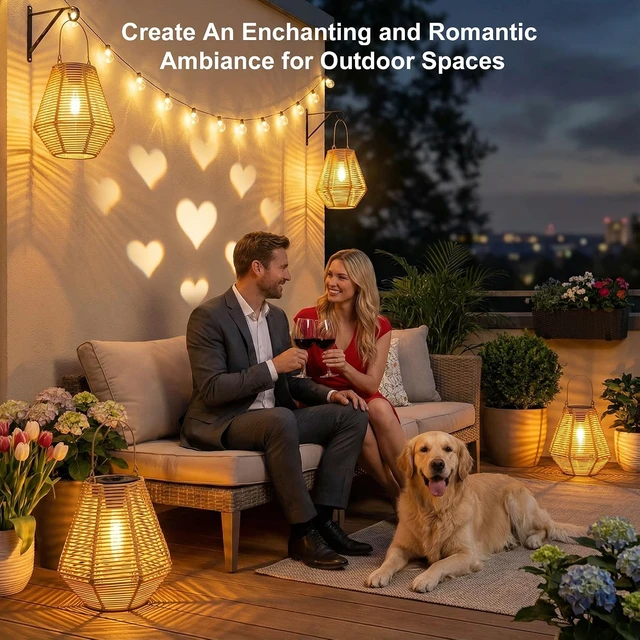 Alt view image 6 of 7 - Solar Lanterns, 2 Pack Rattan Hanging Lights Outdoor Waterproof for Patio