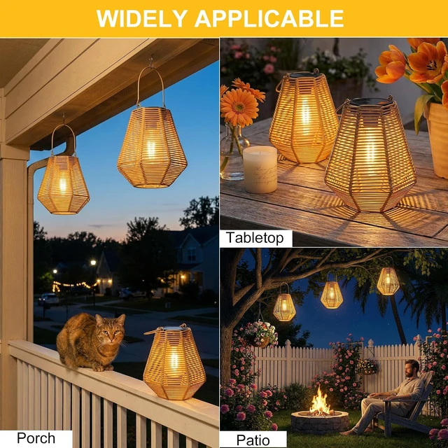 Alt view image 7 of 7 - Solar Lanterns, 2 Pack Rattan Hanging Lights Outdoor Waterproof for Patio