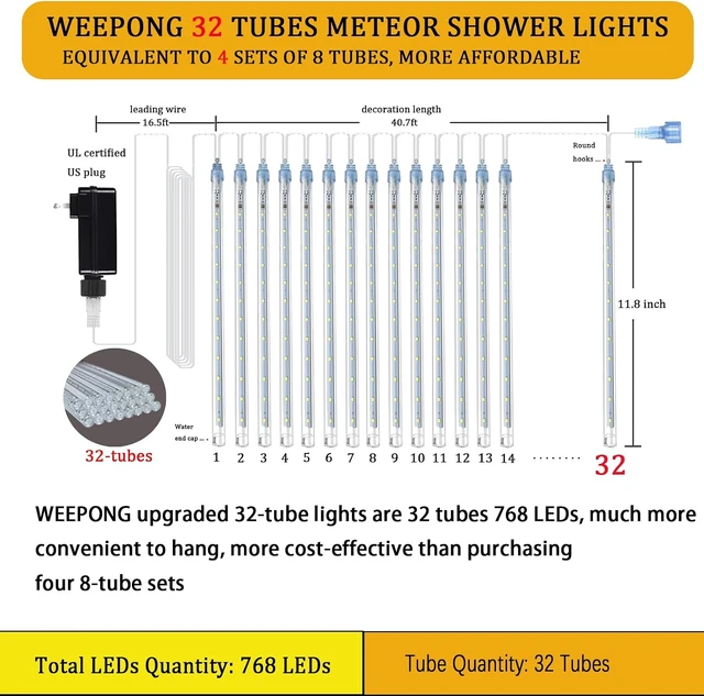 Alt view image 3 of 6 - Weepong Meteor Shower Lights, Christmas Decorations Outdoor 32 Tubes White