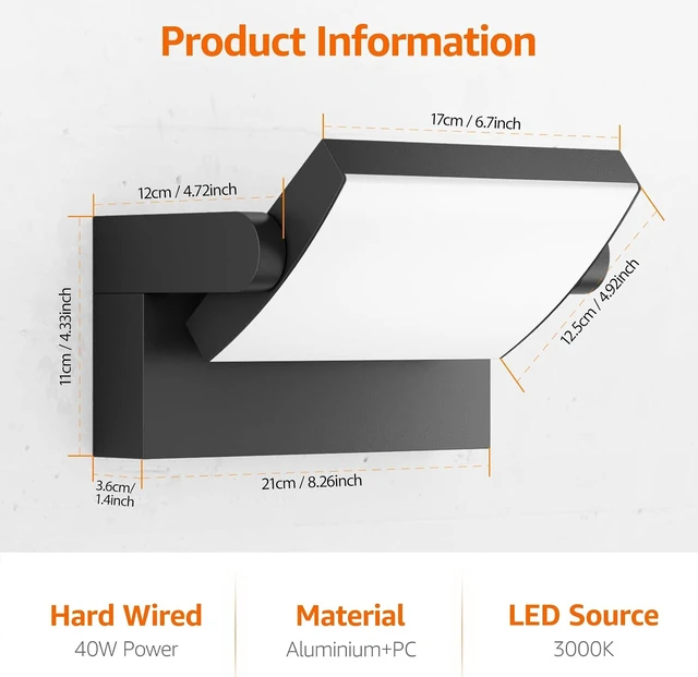 Alt view image 2 of 7 - 40W Modern LED Outdoor Wall Sconce, Black 3000K Exterior Porch Light