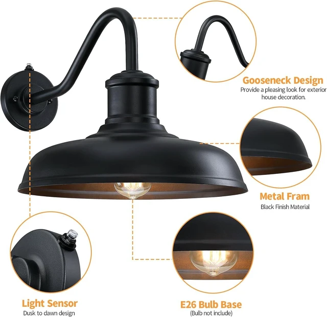 Alt view image 6 of 7 - 13.8'' Diameter Large Dusk to Dawn Outdoor Gooseneck Barn Light, 2 Packs