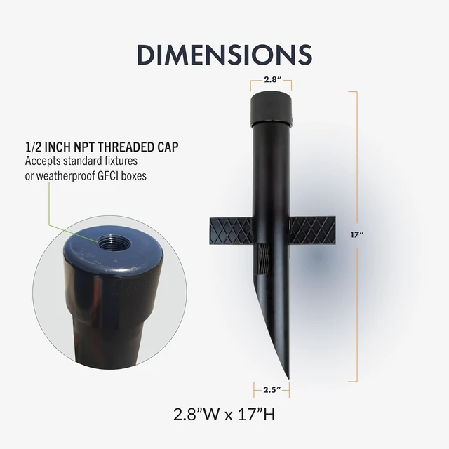 Alt view image 2 of 7 - 17" Outdoor Landscape Lighting Mounting Post Heavy Duty ABS Ground Stake with Stabilizing Wings & 1/2" NPT Threaded Cap for Flood Lights, Spotlights & Outdoor Fixtures, MPOST17