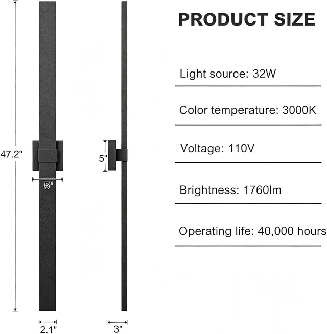 Alt view image 6 of 6 - LamQee Aluminum 47 in Long Outdoor Wall Light Fixture, 3000K Integrated LED