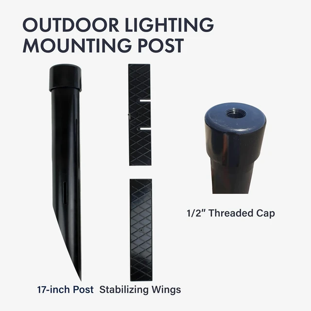 Alt view image 6 of 7 - 17" Outdoor Landscape Lighting Mounting Post Heavy Duty ABS Ground Stake with Stabilizing Wings & 1/2" NPT Threaded Cap for Flood Lights, Spotlights & Outdoor Fixtures, MPOST17