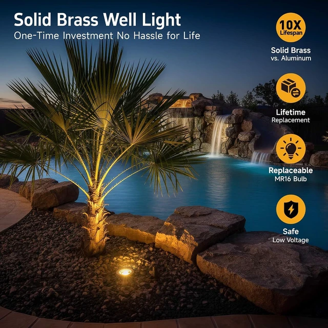 Alt view image 2 of 7 - Gardenreet Brass Well Lights, 12V Low Voltage Wired 2700K In-Ground, 12PK
