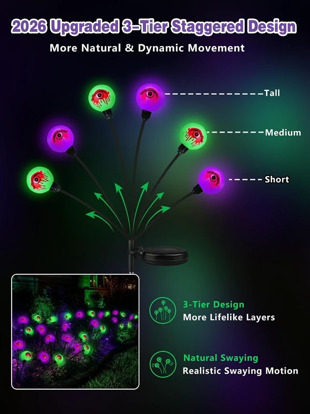 Alt view image 3 of 7 - 6 Pack 36 LED Solar Halloween Decorations Eyeball Lights Purple and Green