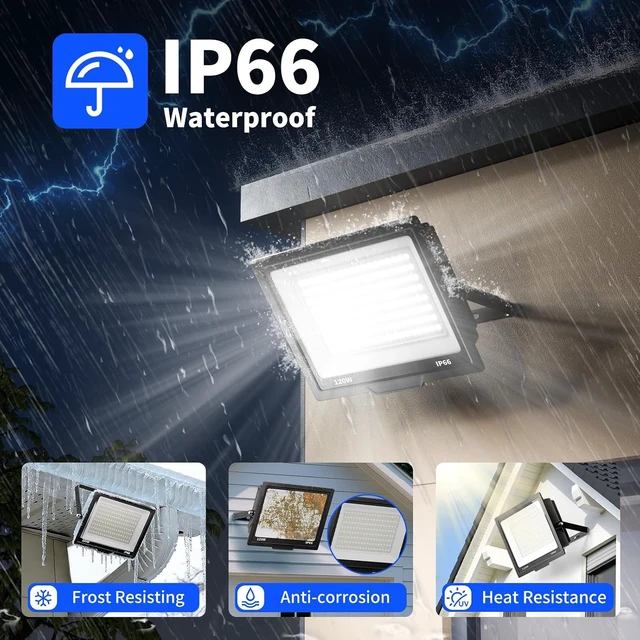 Alt view image 3 of 7 - 120W Flood Lights Outdoor, 14400LM, IP66 Waterproof, 5000K Daylight, 2 Pack