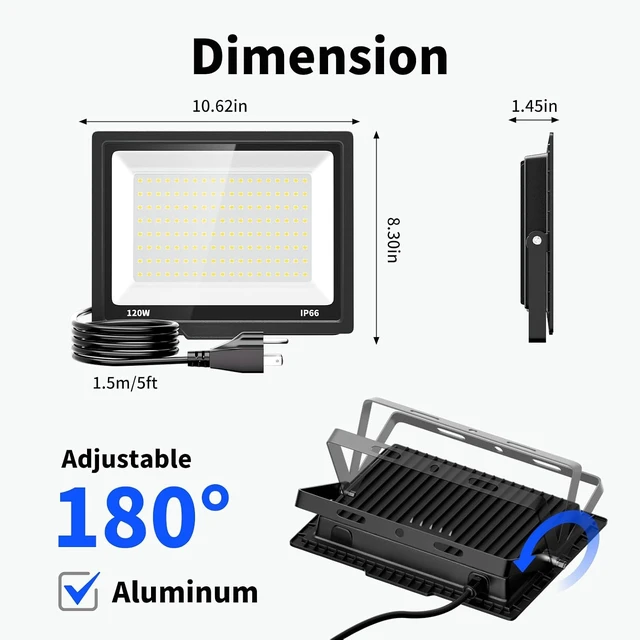 Alt view image 6 of 7 - 120W Flood Lights Outdoor, 14400LM, IP66 Waterproof, 5000K Daylight, 2 Pack