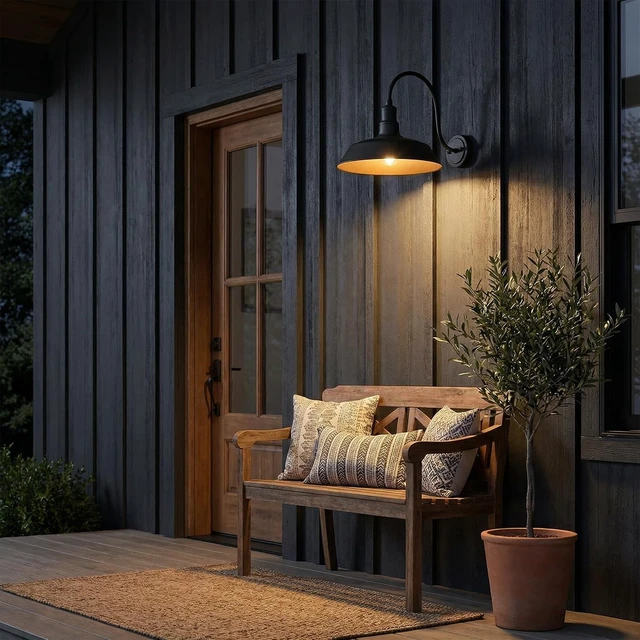 Alt view image 4 of 7 - mirrea Outdoor Gooseneck Barn Wall Light, Matte Black, 14" Dome, 2 Pack