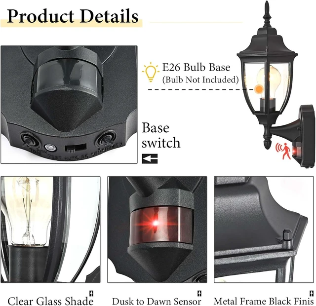 Alt view image 7 of 7 - Porch Lights Outdoor Motion Sensor Wall Sconce Anti-Rust Aluminum, Exterior Outdoor Wall Lights Dusk to Dawn Porch Light Fixture Wall Mount for House Outside Patio