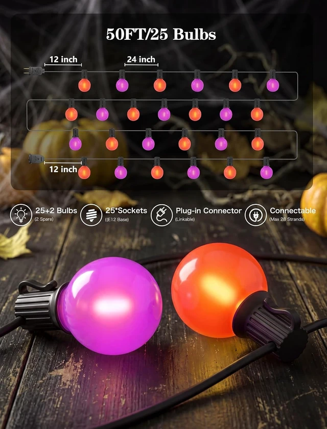 Alt view image 2 of 7 - Orange Purple String Lights, 50FT Halloween Lights with 25 G40 LED Bulbs