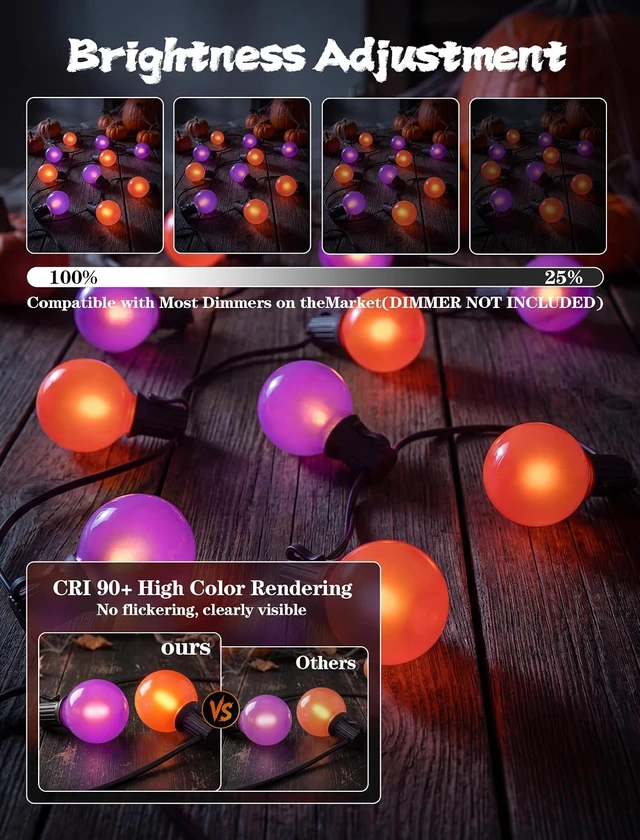 Alt view image 5 of 7 - Orange Purple String Lights, 50FT Halloween Lights with 25 G40 LED Bulbs