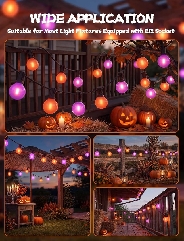 Alt view image 7 of 7 - Orange Purple String Lights, 50FT Halloween Lights with 25 G40 LED Bulbs