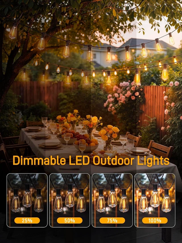 Alt view image 3 of 7 - Guhope Outdoor String Lights Dimmable with Remote, 100 FT Outdoor Lights with 2 Timer and 3 Mode, Waterproof & Shatterproof Patio Lights, 2200K Energy Saving String Lights 3 Spare Bulbs for Patio Yard