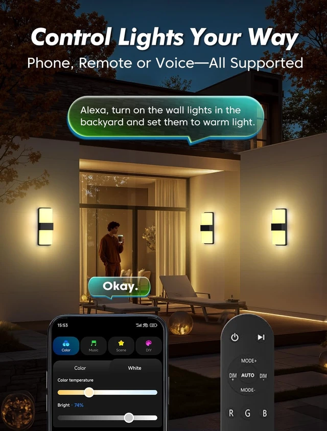 Alt view image 5 of 7 - FILIYANO RGB LED Outdoor Wall Lights, Smart WiFi, IP65 Waterproof, 2 Pack