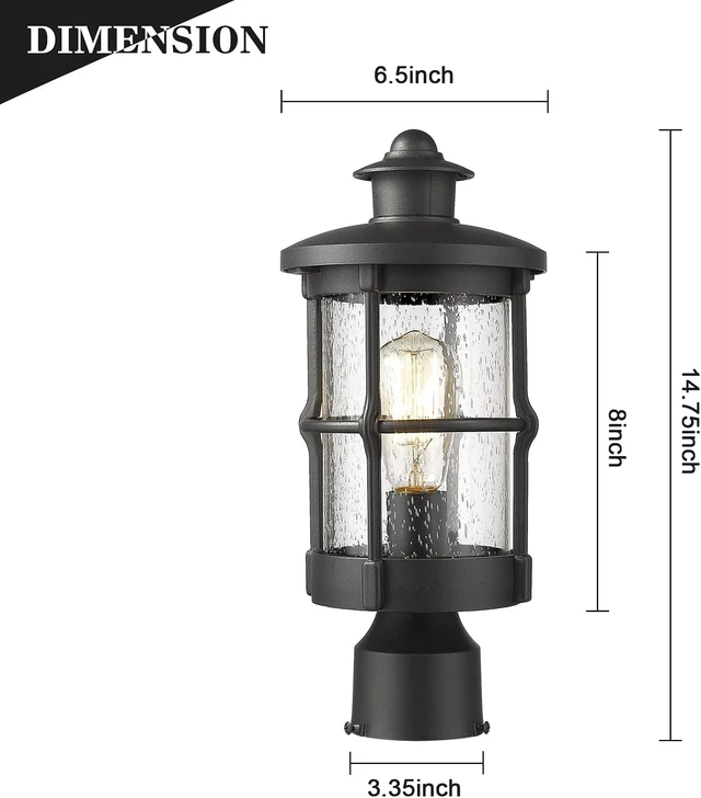 Alt view image 2 of 7 - Outdoor Post Lights, Exterior Post Sconce, Outdoor Lamp, Pathway Post Lighting Fixture, Patio Pillar Light in Black Finish with Seeded Glass