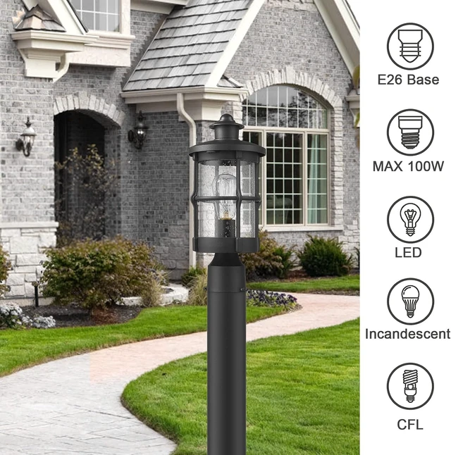 Alt view image 3 of 7 - Outdoor Post Lights, Exterior Post Sconce, Outdoor Lamp, Pathway Post Lighting Fixture, Patio Pillar Light in Black Finish with Seeded Glass