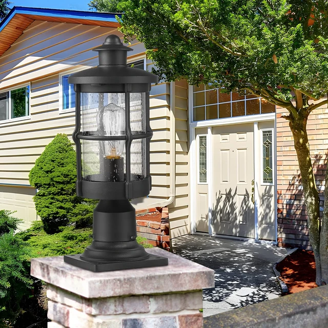 Alt view image 5 of 7 - Outdoor Post Lights, Exterior Post Sconce, Outdoor Lamp, Pathway Post Lighting Fixture, Patio Pillar Light in Black Finish with Seeded Glass