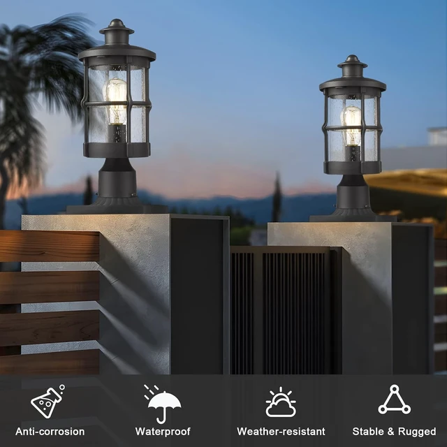 Alt view image 4 of 7 - Outdoor Post Lights, Exterior Post Sconce, Outdoor Lamp, Pathway Post Lighting Fixture, Patio Pillar Light in Black Finish with Seeded Glass