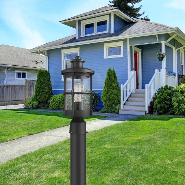 Alt view image 7 of 7 - Outdoor Post Lights, Exterior Post Sconce, Outdoor Lamp, Pathway Post Lighting Fixture, Patio Pillar Light in Black Finish with Seeded Glass