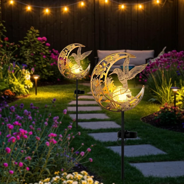 Alt view image 2 of 7 - Solar Hummingbird Garden Gifts for mom/Grandma/Women,Lights Outdoor Decor - Moon & Bird SolaGardenLights Waterproof, Auto On/Off Pathway Lighting for Yard/Lawn/Patio,Thanksgiving Day