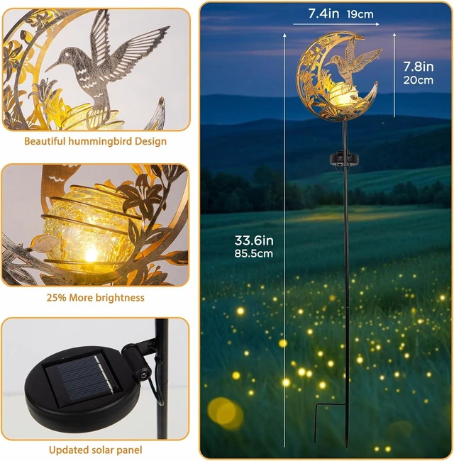 Alt view image 3 of 7 - Solar Hummingbird Garden Gifts for mom/Grandma/Women,Lights Outdoor Decor - Moon & Bird SolaGardenLights Waterproof, Auto On/Off Pathway Lighting for Yard/Lawn/Patio,Thanksgiving Day