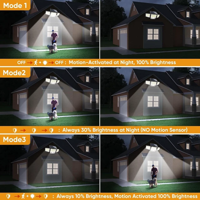Alt view image 4 of 7 - MDCMDCM Solar Motion Sensor Outdoor Lights Waterproof - 3000LM 3 Modes Security Lights Outdoor 270° Illumination IP65 LED Solar Flood Wall Light for Garden Yard Patio Pathway