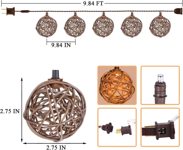 Alt view image 3 of 7 - Vigdur Patio String Lights, 10FT Rattan Lantern String Lights Plug in