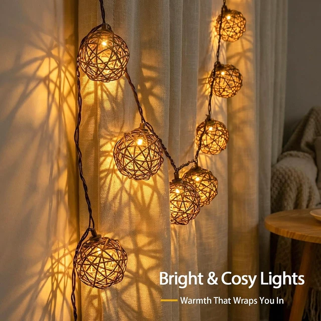 Alt view image 2 of 7 - Vigdur Patio String Lights, 10FT Rattan Lantern String Lights Plug in