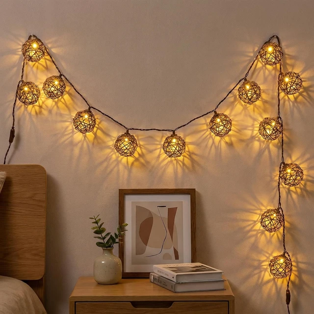 Alt view image 5 of 7 - Vigdur Patio String Lights, 10FT Rattan Lantern String Lights Plug in