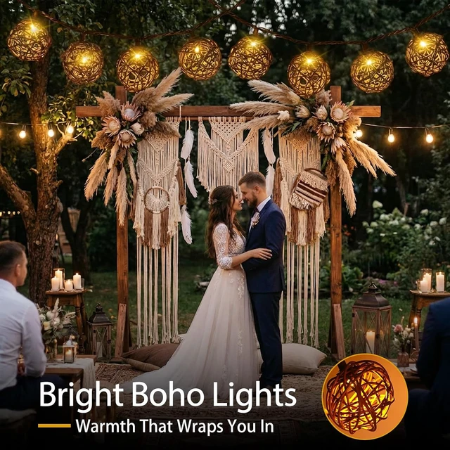Alt view image 6 of 7 - Vigdur Patio String Lights, 10FT Rattan Lantern String Lights Plug in