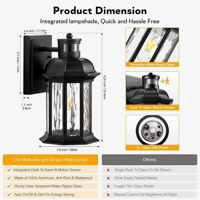 Alt view image 7 of 7 - VIANIS Black Motion Sensor Porch Lights Outdoor, Anti-Rust, Waterproof