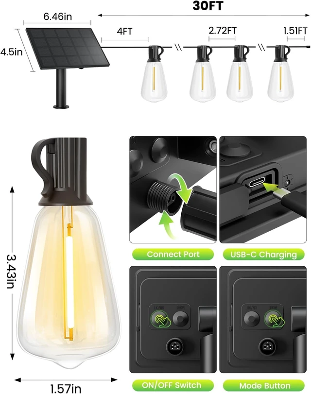 Alt view image 4 of 7 - Svater Solar String Lights Outdoor Waterproof LED 30 FT, Remote Dimmable
