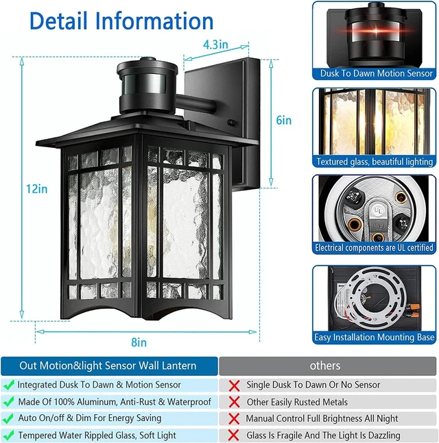 Alt view image 4 of 7 - Motion Sensor Outdoor Lights, Dusk to Dawn Light Fixture, Black Wall Sconce Lighting, Front Porch Light, Exterior Lights for House Patio, Outside Door Wall Mount Anti-Rust Lantern